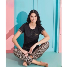 Pijamoni Kadın Viskoz Likralı Düğme Yaka Kaşkorse Patlı Kısa Kol Pijama Takımı 5520-1 / 1 Adet