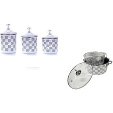 Gri Dama Desenli 3'lü Kavanoz ve Kızartma Tenceresi Takımı