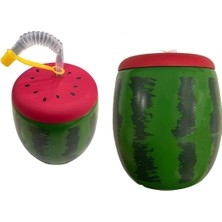 Renkli Karpuz Desenli Pipetli Plastik Bardak 900ML 3'lü Set