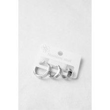 3'lü Taşsız Çelik Halka Küpe - Gümüş