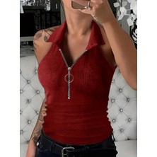 Rose's Boutiqe All About Women Kadın Kolsuz Polo Yaka Önü Fermuarlı Kaşkorse Bluz
