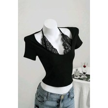 Kara Kedi Siyah Bağlamalı Dantelli Ekli Gotik Y2K Kısa Kollu Crop