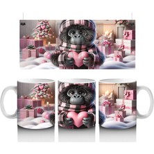 Pembe Kurdeleli Kalpli Figür Tutan Sevimli Maymun - Baskılı Kahve Kupası