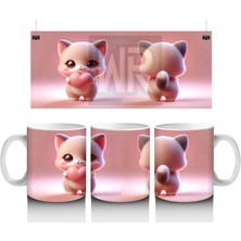 Kalpli Figür Tutan Sevimli Pembe Kedi (Ön ve Arka) - Baskılı Kahve Kupası