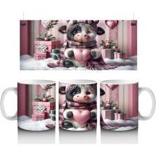 Hediye Kutuları Arasında Oturan Kalpli Figür Tutan Inek - Baskılı Kahve Kupası