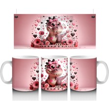 Kalp Desenli Arka Planda Pembe Dinozor Figürü - Baskılı Kahve Kupası