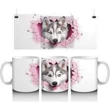 Çatlak Zeminden Bakan Sevimli Husky Illüstrasyonu - Baskılı Kahve Kupası