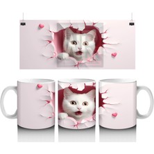 Pembe Kalpli Duvar Arasında Beyaz Kedi – Baskılı Kahve Kupası