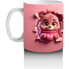 Pembe Bereli Sevimli Ayıcık Figürü Önden ve Arkadan - Baskılı Kahve Kupası