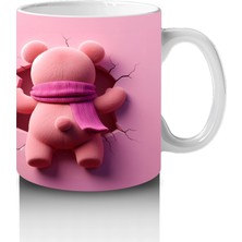 Pembe Bereli Sevimli Ayıcık Figürü Önden ve Arkadan - Baskılı Kahve Kupası