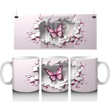 Pembe Çatlaklı Duvar Üzerinde Kelebek – Baskılı Kahve Kupası