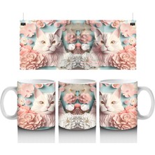 Renkli Çiçeklerle Süslenmiş Kedi Ailesi – Baskılı Kahve Kupası