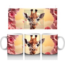 Pembe Çiçekler Arasında Sevimli Zürafa - Baskılı Kahve Kupası