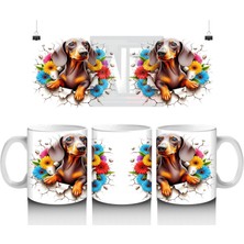 Renkli Çiçeklerle Süslenmiş Çatlak Zeminde Dachshund Köpek - Baskılı Kahve Kupası