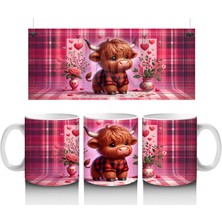 Pembe Kare Desen Üzerinde Sevimli Öküz – Baskılı Kahve Kupası