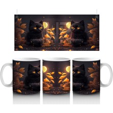 Sonbahar Yaprakları Arasında Siyah Kedi Çifti – Baskılı Kahve Kupası