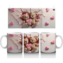 Kalplerle Süslenmiş Sarılan Ayıcıklar – Baskılı Kahve Kupası