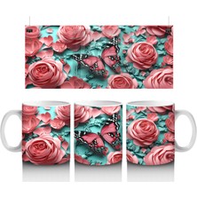 Turkuaz Zemin Üzerinde Pembe Kelebek – Baskılı Kahve Kupası