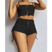 Kadın Ip Askılı Crop Bluz ve Yanlardan Büzgülü Ikili Kaşkorse Short Takım