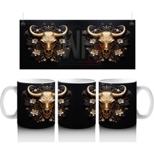 Siyah Zemin Üzerinde Altın Renkli Boğa Ikilisi – Baskılı Kahve Kupası