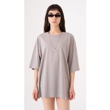 Kadın Basic Pamuklu Süprem Oversize Gri Tişört
