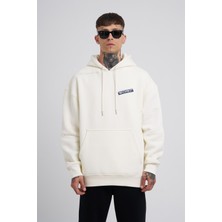 Erkek Solid Color Nakışlı Kanguru Cepli Oversize Ekru Sweatshirt