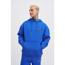 Erkek Nakışlı Kanguru Cepli Oversize Saks Sweatshirt