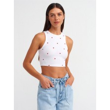 20819 Kalp Nakışlı Crop Top-Beyaz