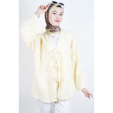 Tesettür Ceket Püskül Jakarlı Önden Bağlamalı Kimono Ceket Sarı