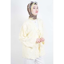 Tesettür Ceket Püskül Jakarlı Önden Bağlamalı Kimono Ceket Sarı