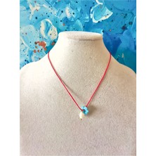 Gerçek Incili Mavi Cam Çiçek Kırmızı Ip Kolye