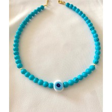 Beyaz Cam Nazar Boncuklu Mavi Kolye