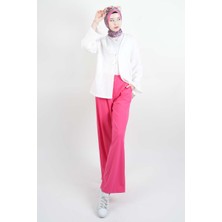Tesettür Pantolon Double Mira Cepli Palazzo Pantolon Pembe