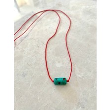 Murano Cam Benekli Yeşil Rulo Silindir Kırmızı Ip Kolye