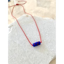 Murano Cam Mavi Rulo Silindir Kırmızı Ip Kolye