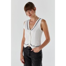 Desenli Müslin Yelek Ekru