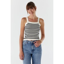 Çizgili Triko Bluz Krem