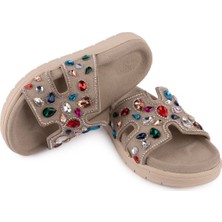 Hakiki Deri Günlük Rahat Süet Taşlı Terlik Bej 8231