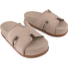 Hakiki Deri Günlük Rahat Süet Taşlı Terlik Bej 8147