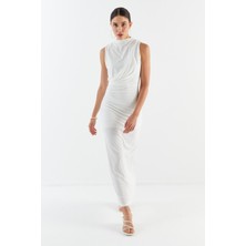 Drapeli Elbise Beyaz