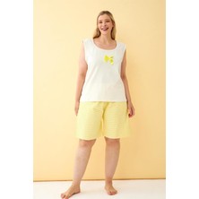 Celira Kadın Beyaz Kurdele Detaylı Sarı Çizgili Şortlu Büyük Beden Pijama Takımı