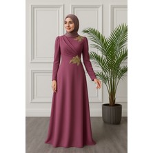 Tesettür Gold Aplikeli Kloş Kesim Krep Elbise 2812