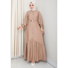 Kadın Beli Kemerli Düğme Detaylı Çilek Kumaş Bej Elbise