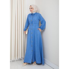 Kadın Cep Detaylı Düğmeli Kuşaklı Mavi Keten Elbise