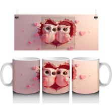 Pembe Gözlüklü Aşık Baykuşlar – Baskılı Kahve Kupası