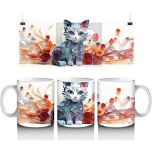 Renkli Su Damlaları ve Kedi Desenli Kupa – Baskılı Kahve Kupası