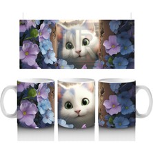 Mor Çiçekler Arasında Parlayan Yeşil Gözlü Beyaz Kedi Kupa