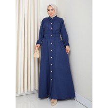 Kadın Cep Detaylı Düğmeli Kuşaklı Lacivert Keten Elbise