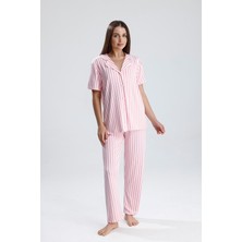 Kadın Kısa Kollu Dikey Çizgili Pijama Takım | Pembe