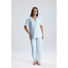 Kadın Kısa Kollu Dikey Çizgili Pijama Takım | Mavi